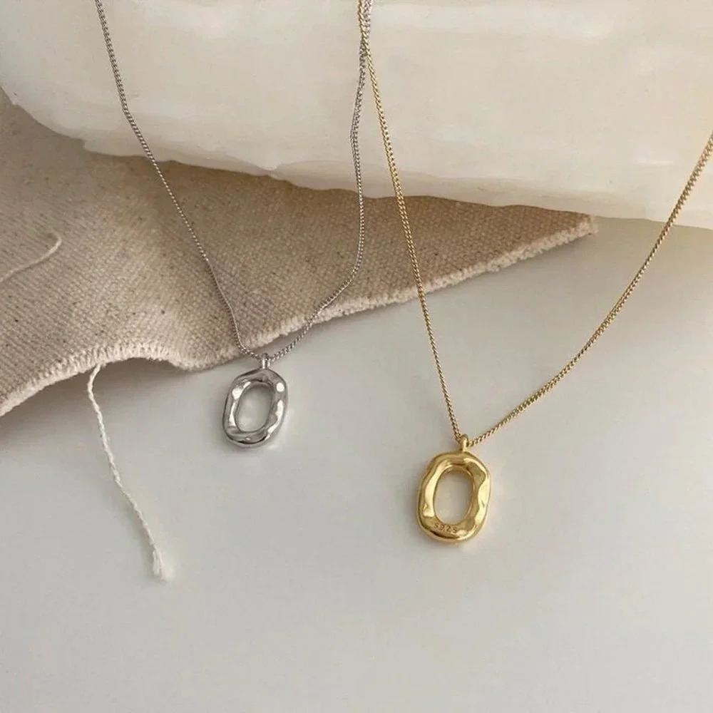 925 Sterling Silver Irregular Abstract Circle Round Oval Pendant Necklace